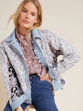 Reversible Patchwork Floral Quilted Jean Jacket in Light Blue